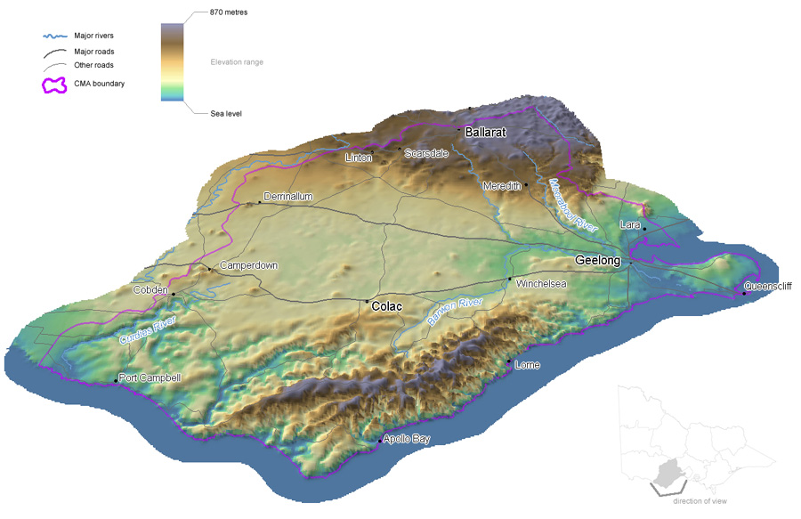 Map:  3D Elevation Map of the Corangamite Catchment Area.