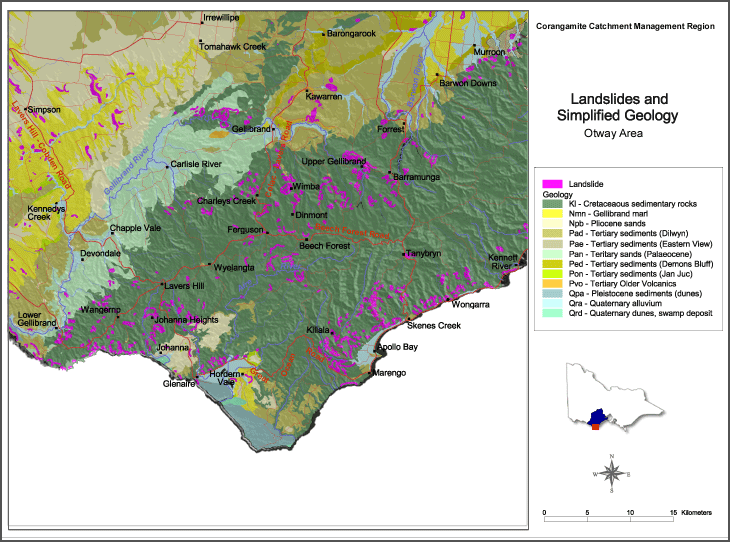 Map:  Otway - landslides & simplified geology