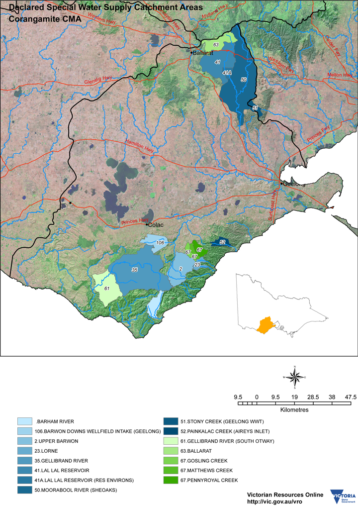 Map showing Declared Special Water Supply Catchment Areas in the Corangamite Region