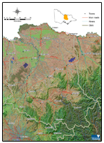 Oblique aerial overview of Goulburn Broken catchment management region showing major landform features and land use