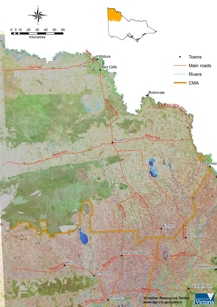 Aerial overview of Mallee catchment management region showing towns, major roads, rivers, major landform features and land use