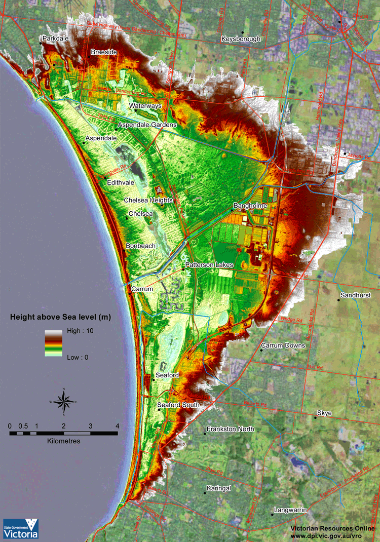 1 metre digital elevation model (DEM) of the Frankston to Mordialloc area showing parallel ridges at Seaford