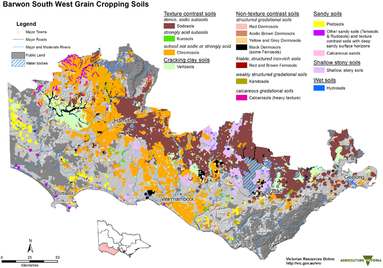 map showing the soils of the grain growing areas in the Barwon region