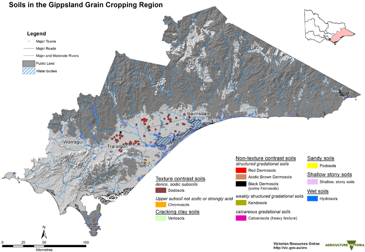 map showing the soils of the grain growing areas in the Gippsland region