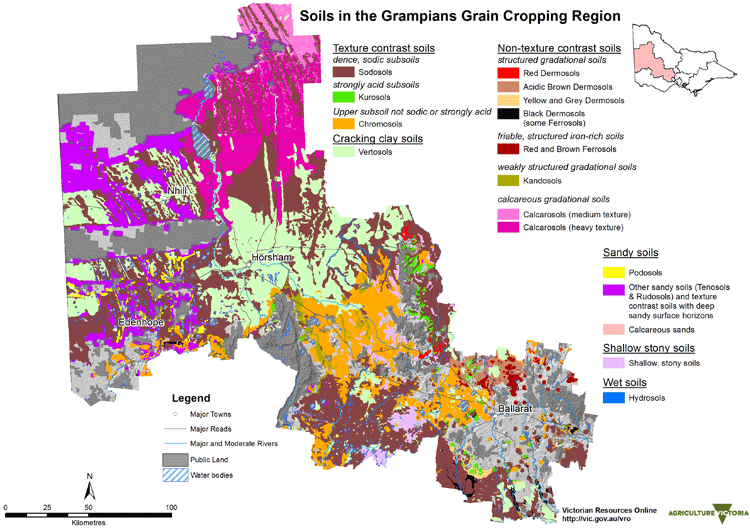 map showing the soils of the grain growing areas in the grampians region