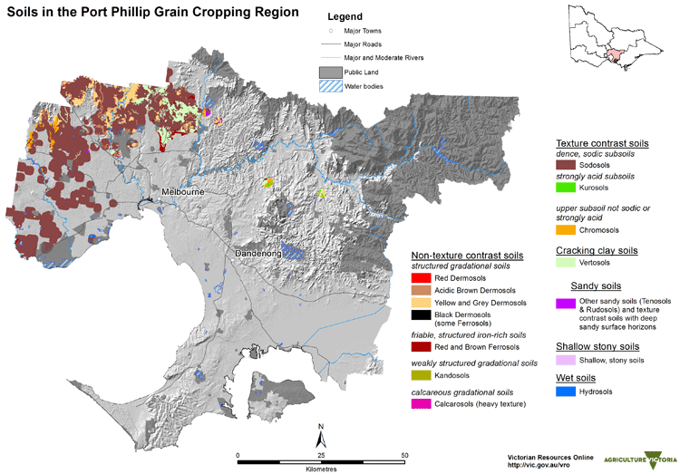 map showing the soils of the grain growing areas in the Port Phillip region