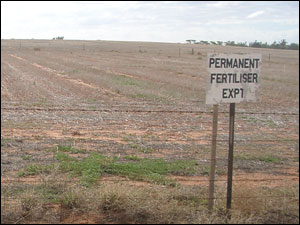 MM1 sign at Walpeup - the sign reads ' Permanent fertiliser expt.' (experiment)