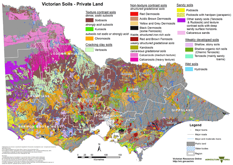 Map showing the soils in meat and wool growing areas in Victoria
