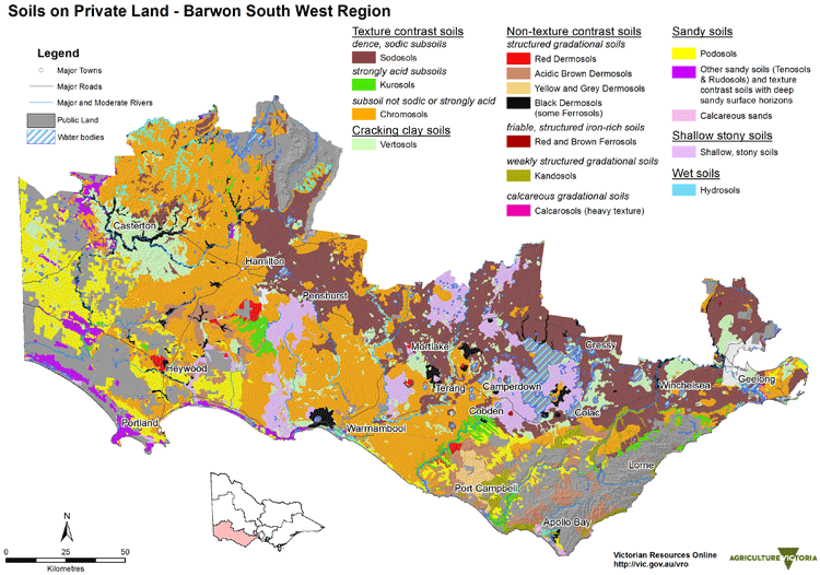 Map showing the soils in meat and wool growing areas within Barwon south west region