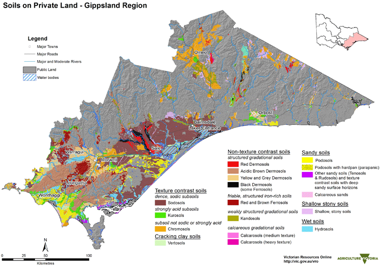 Map showing the soils in meat and wool growing areas within gippland region