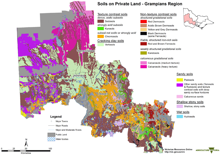 Map showing the soils in meat and wool growing areas within grampians region