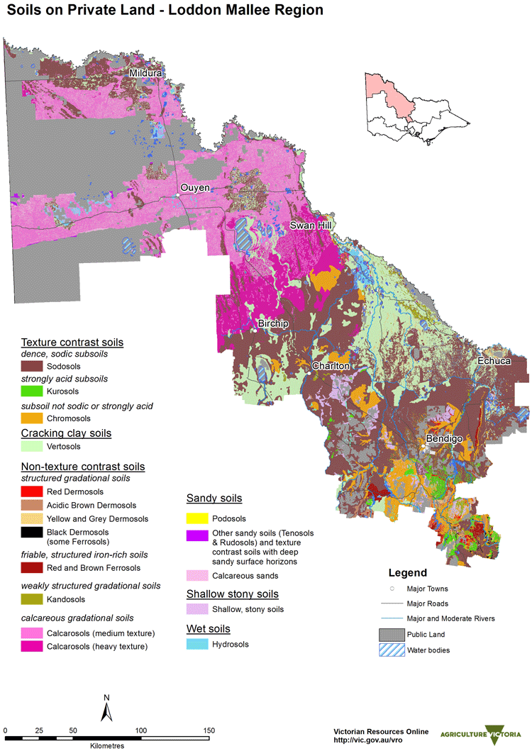 Map showing the soils in meat and wool growing areas within loddon mallee region