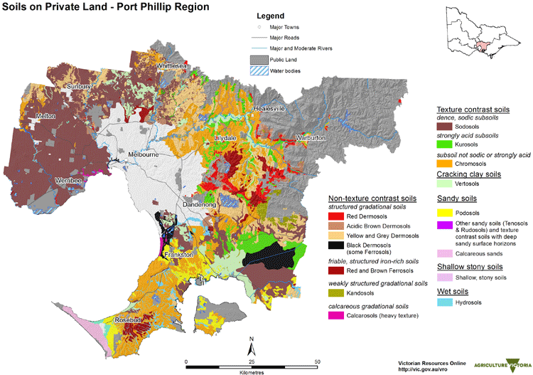 Map showing the soils in meat and wool growing areas within the port philip region