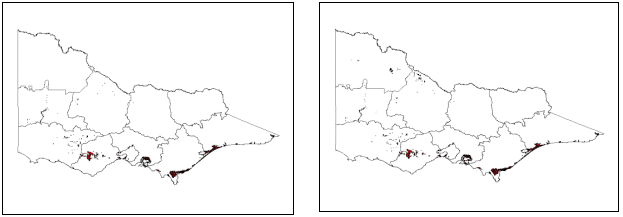 Graph: Potential distribution of Spartina anglica and S. x townsendii in Victoria, according to climatic parameters, susceptible land uses
