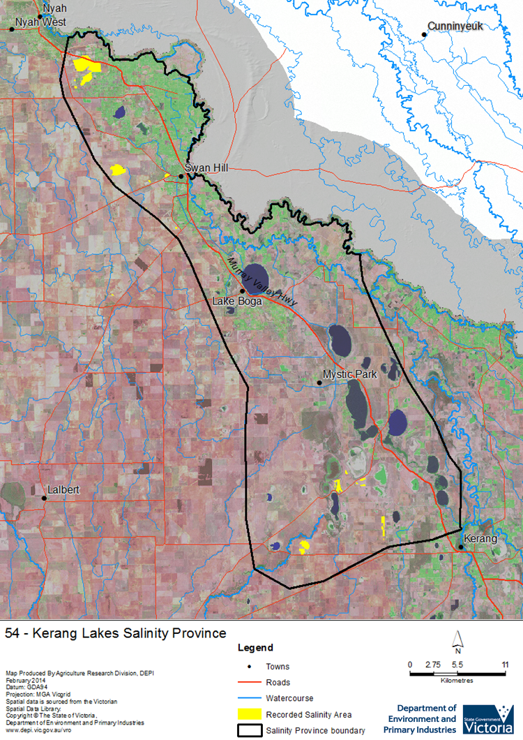 A detailed map showing the Kerang Lakes Salinity Province