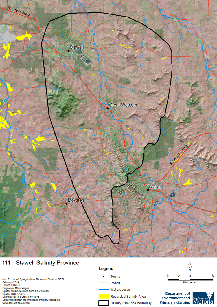 A detailed map showing the Stawell Salinity Province