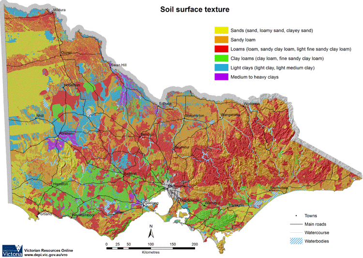Map of Soil Texture for Victoria provides a broad statewide overview of surface soil texture groups