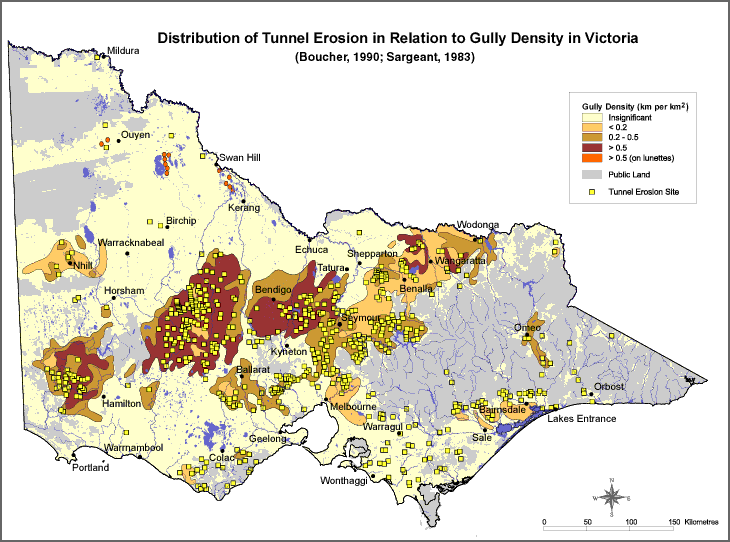 Image:  Distribution of tunnel erosion in relation to gully density in Victoria (1982)
