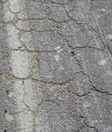 Close-up of cracked road pavement affected by salinity and waterlogging.