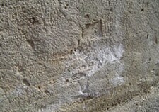 Close-up of white staining (salt crystal growth) and damaged concrete.