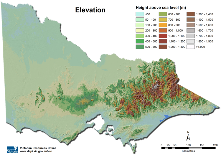 Victorian elevation map showing area from <50 m above sea level to >1,900 m