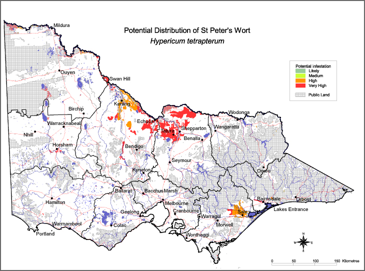 Map:  Potential distribution - St Peter's Wort