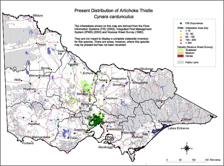 Map:  Present distribution - Artichoke Thistle
