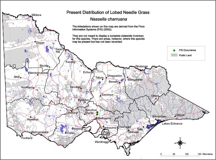 Map:  Present distribution - Lobed Needlegrass