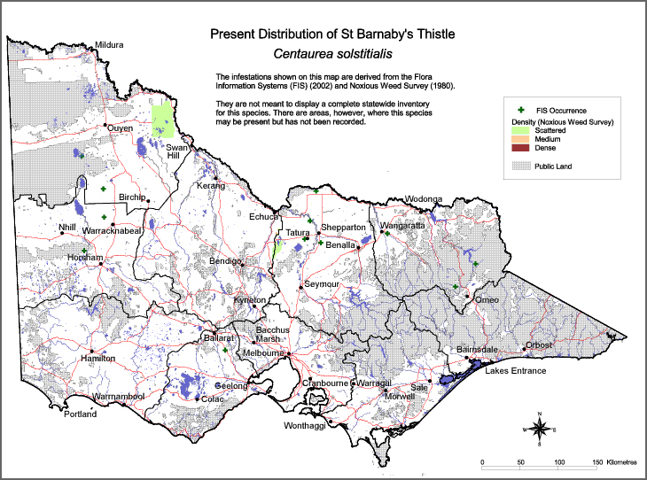 Map:  Present distribution - ST Barnaby's Thistle
