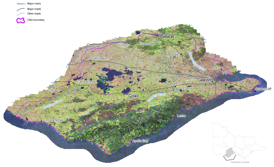 Map:  3D Elevation Map of the Corangamite Catchment Area.