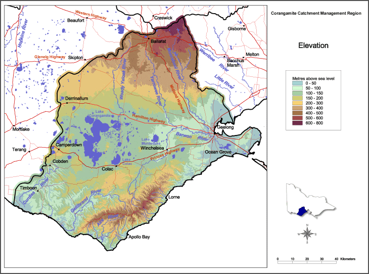 Map:  Elevation of the Corangamite region.
