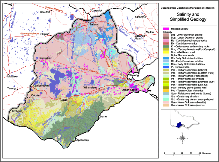 Map:  Salinity & simplified geology