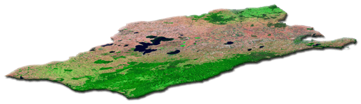 Oblique aerial overview of Corangamite catchment management region showing major landform features and land use