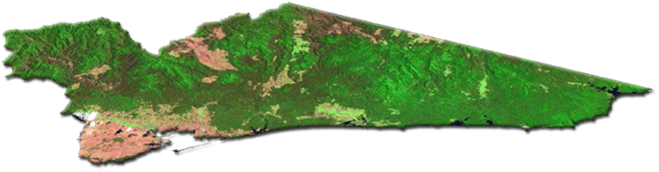 Oblique aerial overview of East Gippsland catchment management region showing major landform features and land use