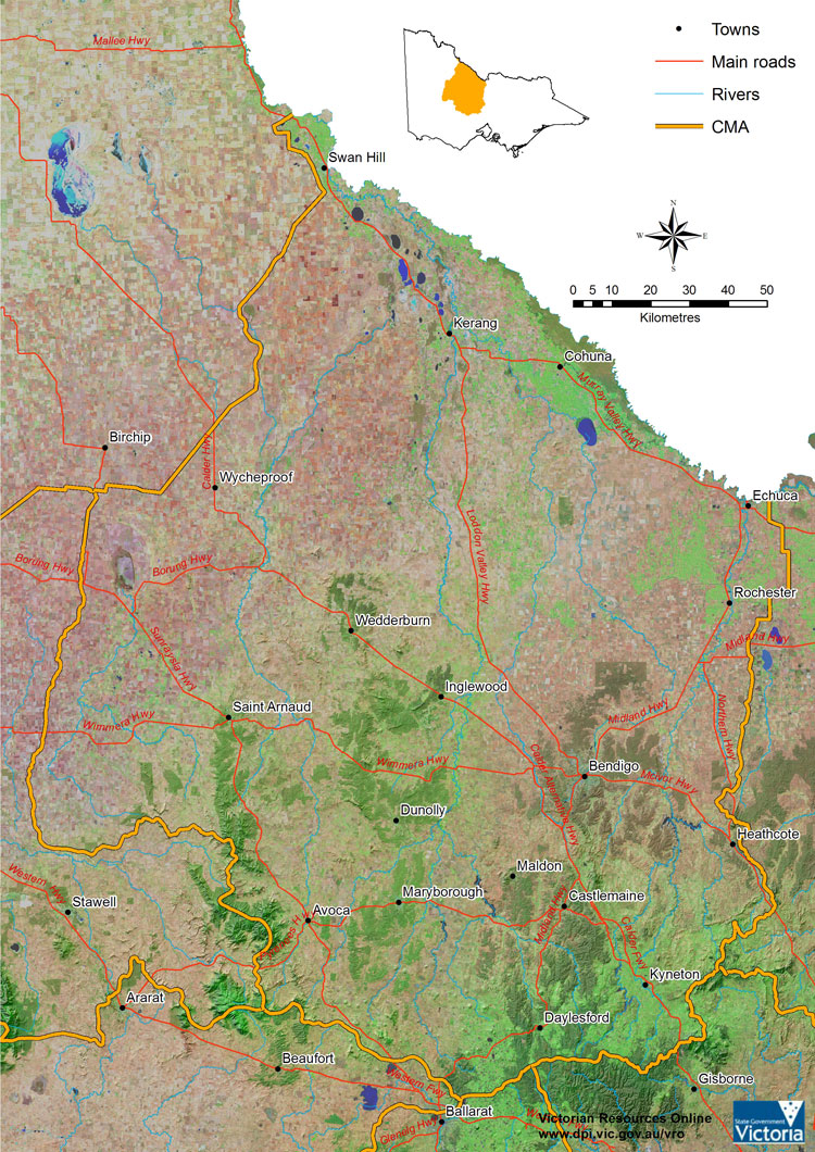 Aerial overview map of North Central location showing major towns, rmap