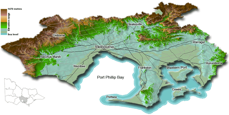 Oblique aerial overview of the Port Phillip and Westernport catchment management region showing 3D relief, some major towns and key landform features.