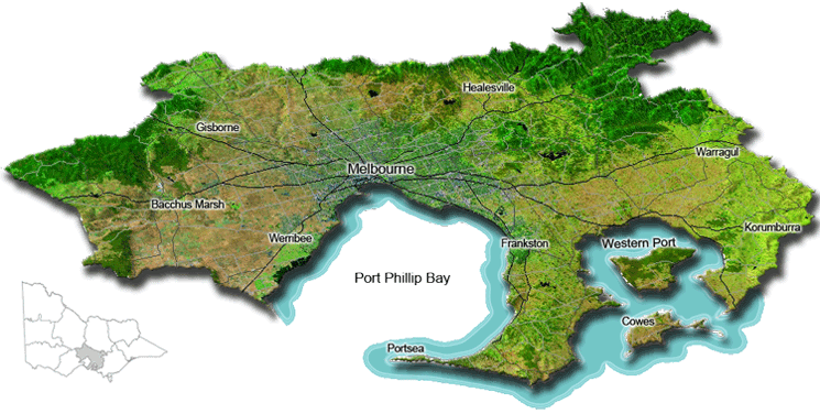 Oblique aerial overview of the Port Phillip and Westernport catchment management region showing major landform features and land use using 3D relief.
