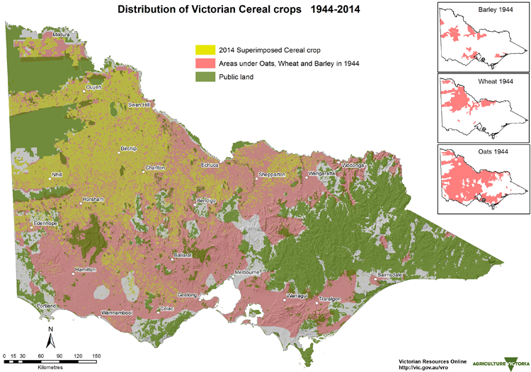 Map showing Cereal growing areas in 1944 and 2014