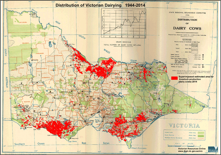 Map showing landuse for diary in 1944 with an overlay of 2014 usage