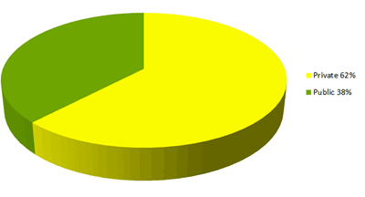 Pie chart showing 62% private and 38% public