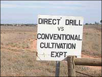 MC14 sign at Walpeup - the sign reads 'direct drill vs convential cultivation exp.' (experiment)