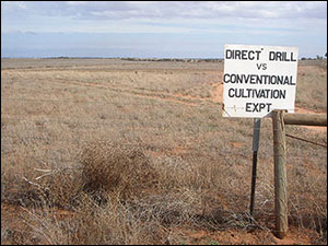 MC14 sign at Walpeup - the sign reads 'direct drill vs conventional cultivation expt.' (experiment)
