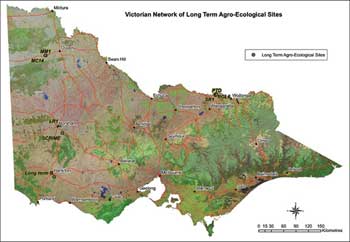 Map showing locations of LTAE sites within Victoria in relation to long-term mean annual rainfall