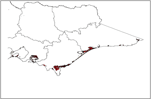 Graph: Potential distribution of Spartina anglica and S. x townsendii in Eastern Victoria, according to climatic parameters, susceptible