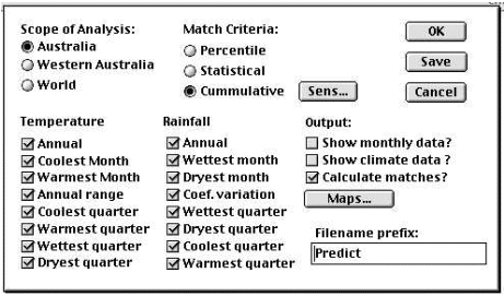 Diagram: Dialogue box from CLIMATE® showing the climatic parameters used in terrestrial weed modelling.