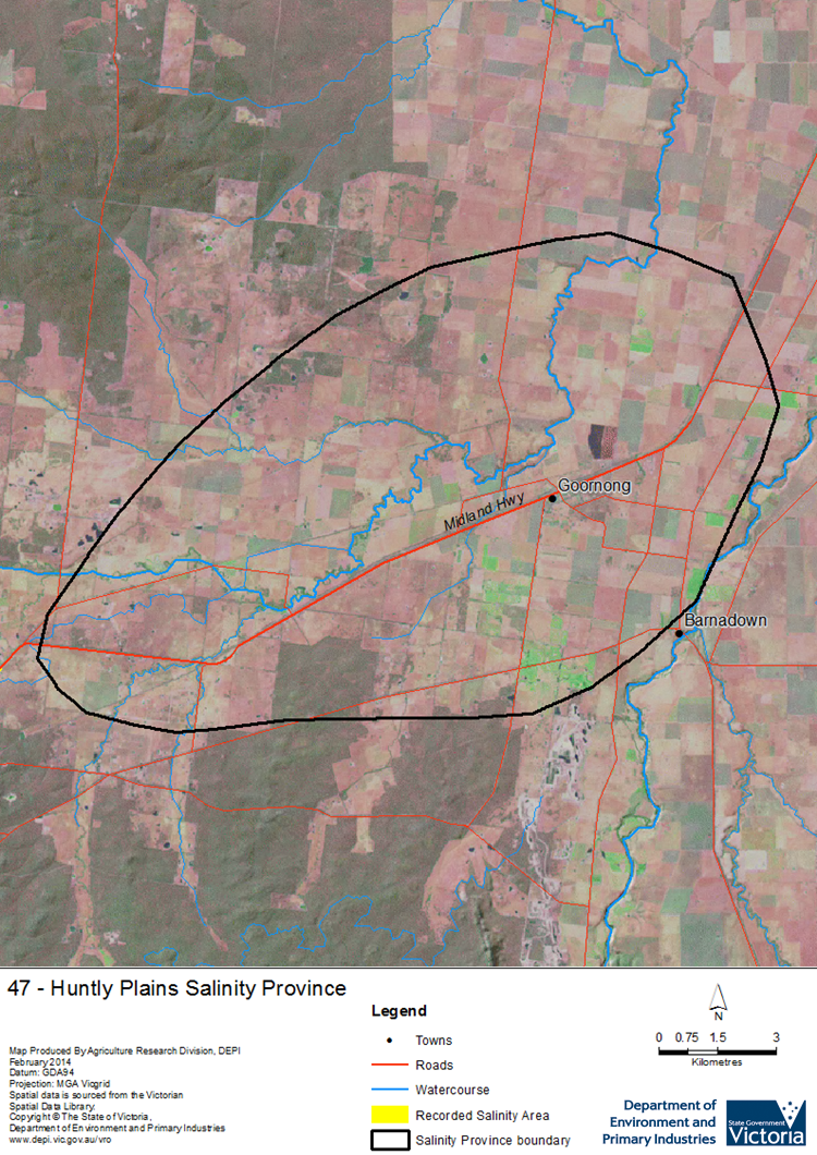 A detailed map showing Huntly Plains Salinity Province