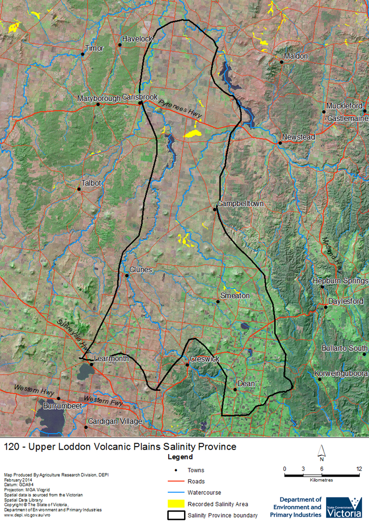 A detailed map showing Upper Loddon Volcanic Plains 		Salinity Province