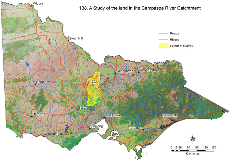 An aerial map of Victorian showing major cites, rivers, road and the extent of Survey 138 in the Campaspe River Catchment