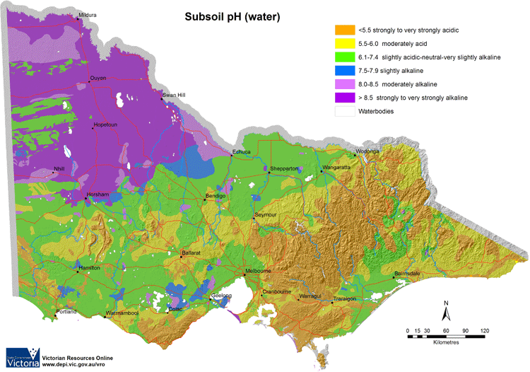 Map of Victoria showing subsoil pH levels vary accross the state