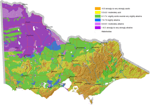 Map of Victoria showing subsoil pH levels vary accross the state